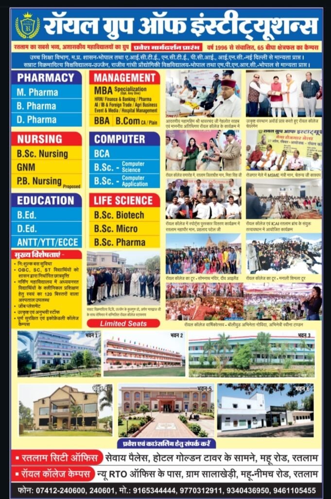 रतलाम: बी.एड. प्रवेश 2026-27: प्रथम चरण की अंतिम तिथि 14 मई, ऑनलाइन आवेदन प्रक्रिया जारी…रॉयल इंस्टीट्यूट ने विद्यार्थियों के लिए दी महत्वपूर्ण जानकारी