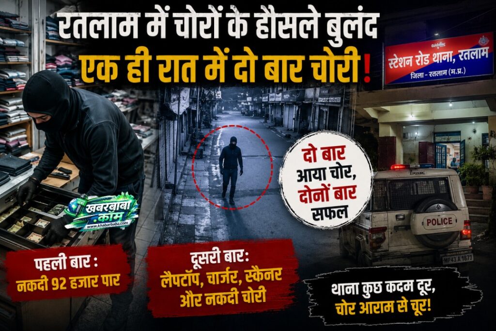 रतलाम में चोरों के हौसले बुलंद: स्टेशन रोड थाने के पीछे कपड़ा दुकान में एक ही रात में दो बार चोरी, पहले कैश फिर लैपटॉप ले उड़ा… एक बार चोरी कर पूरे क्षेत्र में आराम से घुम कर दूसरी बार फिर चोरी करने पहुंचा बदमाश रतलाम में चोरों के हौसले बुलंद: स्टेशन रोड थाने के पीछे कपड़ा दुकान में एक ही रात में दो बार चोरी, पहले कैश फिर लैपटॉप ले उड़ा… एक बार चोरी कर पूरे क्षेत्र में आराम से घुम कर दूसरी बार फिर चोरी करने पहुंचा बदमाश