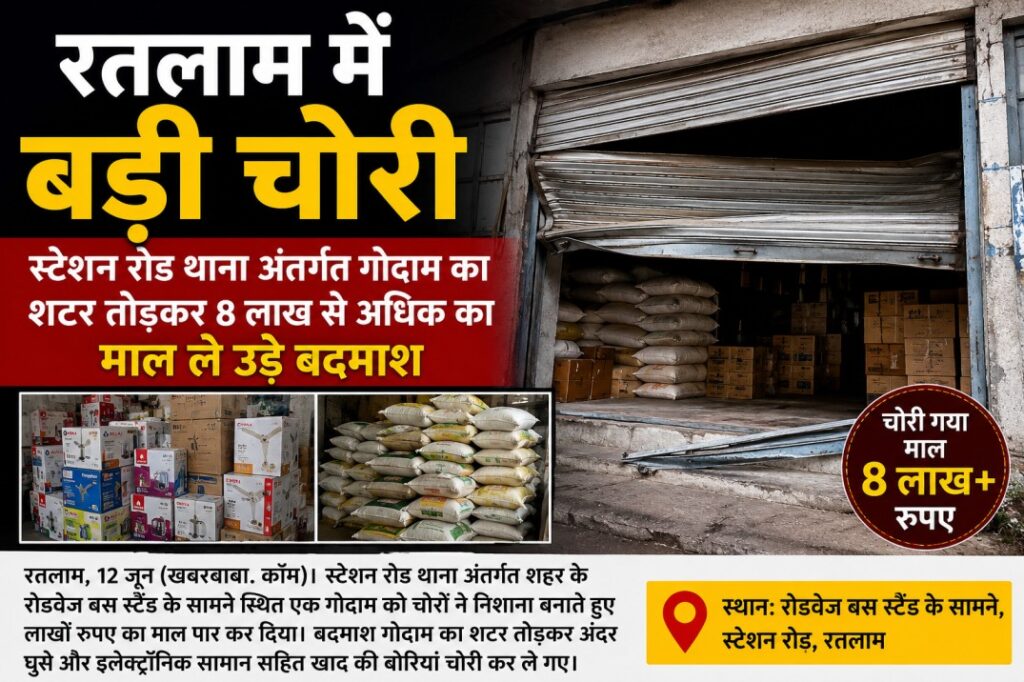 रतलाम में बड़ी चोरी: स्टेशन रोड थाना अंतर्गत गोदाम का शटर तोड़कर 8 लाख से अधिक का माल ले उड़े बदमाश