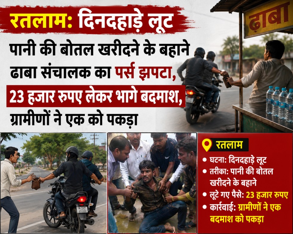 रतलाम: दिनदहाड़े लूट: पानी की बोतल खरीदने के बहाने ढाबा संचालक का पर्स झपटा, 23 हजार रुपए लेकर भागे बदमाश, ग्रामीणों ने एक को पकड़ा रतलाम: दिनदहाड़े लूट: पानी की बोतल खरीदने के बहाने ढाबा संचालक का पर्स झपटा, 23 हजार रुपए लेकर भागे बदमाश, ग्रामीणों ने एक को पकड़ा