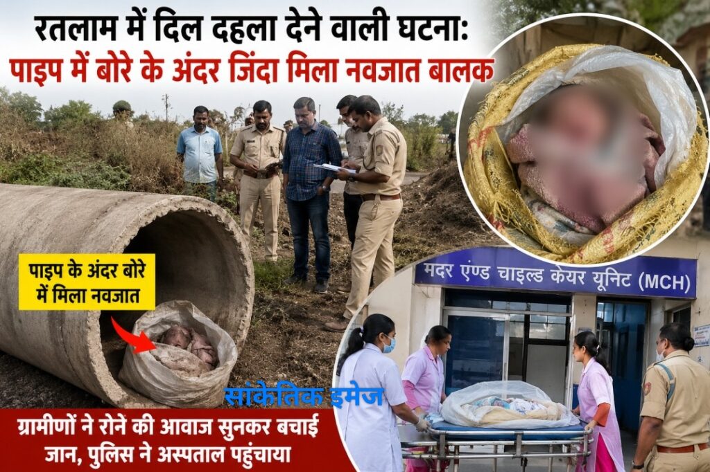 रतलाम में रिंग रोड किनारे पाइप में मिला जिंदा नवजात, बोरे में बंद था बालक…रोने की आवाज सुन ग्रामीण ने बचाई जान, पुलिस ने चाइल्ड केयर यूनिट में भर्ती कराया