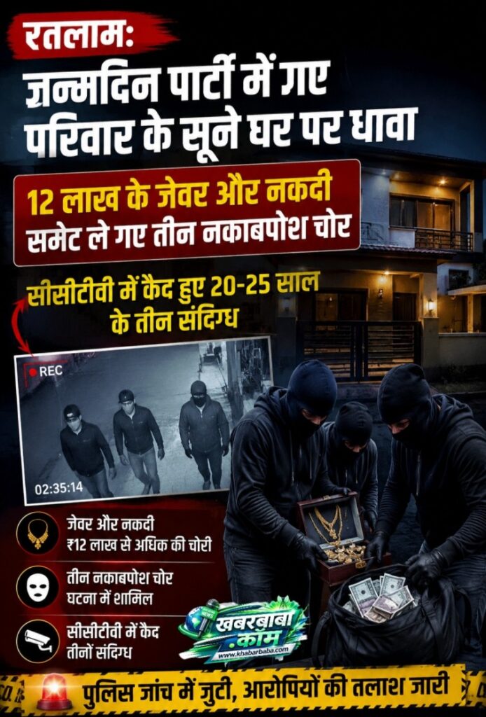 रतलाम: जन्मदिन पार्टी में गए परिवार के सूने घर पर धावा, 12 लाख के जेवर और नकदी समेट ले गए तीन नकाबपोश चोर…सीसीटीवी में कैद हुए 20-25 साल के तीन संदिग्ध