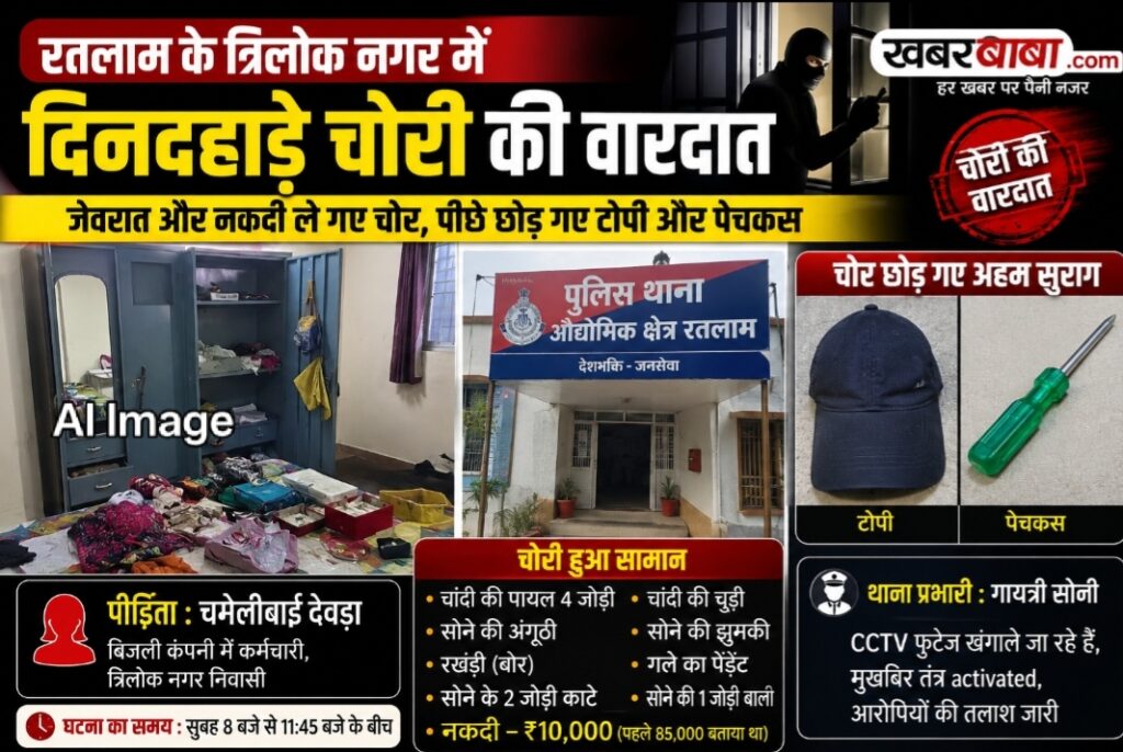 रतलाम: दिनदहाड़े सूने मकान में चोरों का धावा- बिजली कंपनी की कर्मचारी के सूने घर से नकदी-जेवरात ले गए…. छोड़ गए टोपी और पेचकस