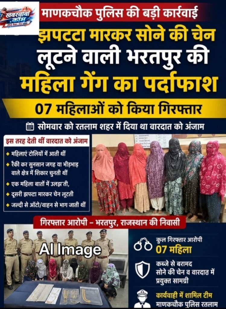 रतलाम पुलिस को सफलता- झपट्टा मारकर सोने की चेन लूटने वाली भरतपुर की महिला गैंग की 07 आरोपी गिरफ्तार.. सोमवार को शहर में दिया था वारदात को अंजाम