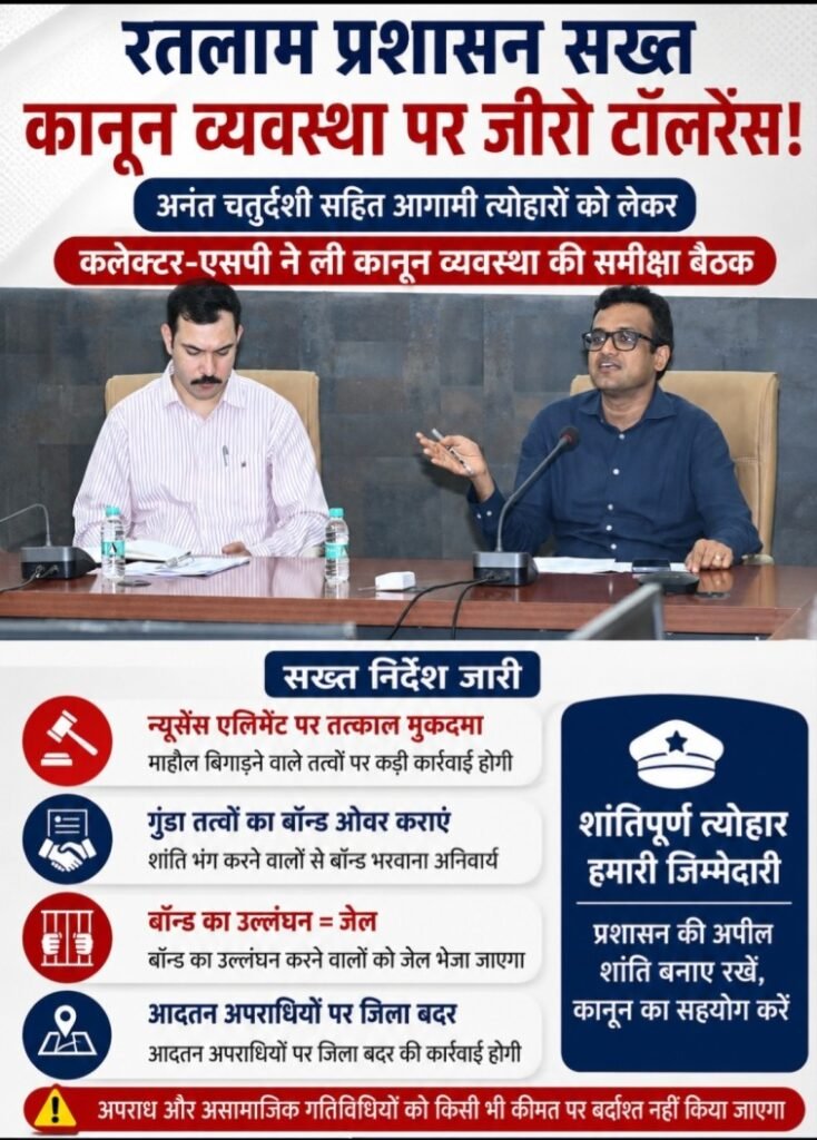 रतलाम: न्यूसेंस एलिमेंट पर तत्काल मुकदमा, गुंडा तत्वों का बॉन्ड ओवर कराने के निर्देश..अनंत चतुर्दशी सहित आगामी त्योहारों को लेकर कलेक्टर-एसपी ने ली कानून व्यवस्था की समीक्षा बैठक..बॉन्ड का उल्लंघन करने वालों को जेल भेजें जाएंगे, आदतन अपराधियों पर जिला बदर की कार्रवाई होगी