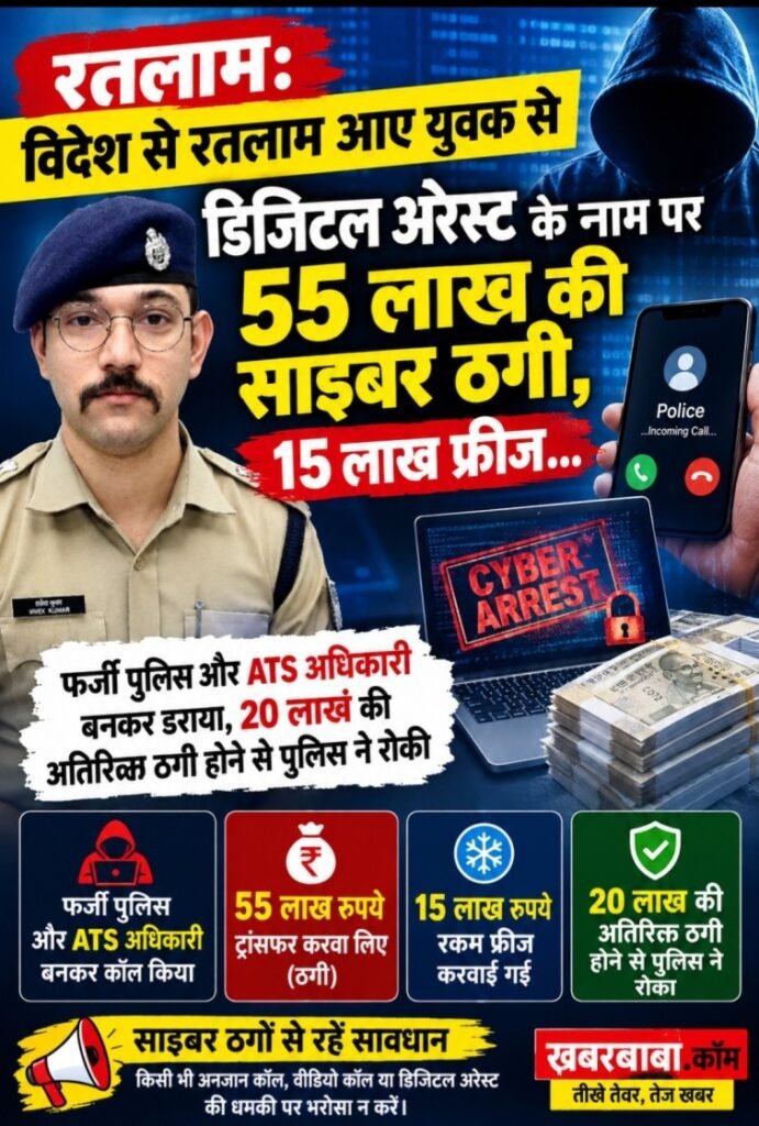 रतलाम: विदेश से रतलाम आए युवक से डिजिटल अरेस्ट के नाम पर 55 लाख की साइबर ठगी, 15 लाख फ्रीज…फर्जी पुलिस और ATS अधिकारी बनकर डराया, 20 लाख की अतिरिक्त ठगी होने से पुलिस ने रोकी